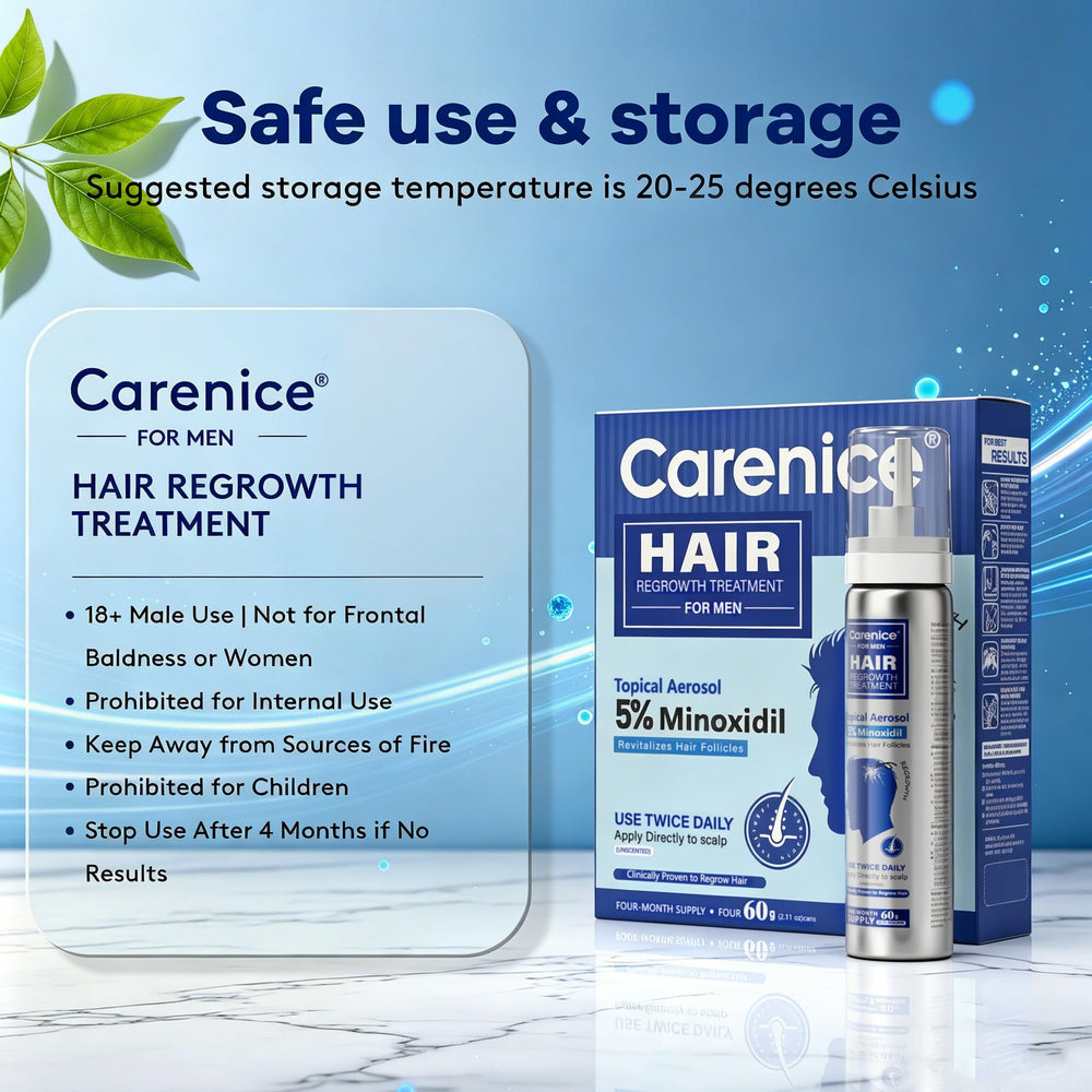 CARENICE etiqueta detallada con 5% minoxidil y biotina para información clara