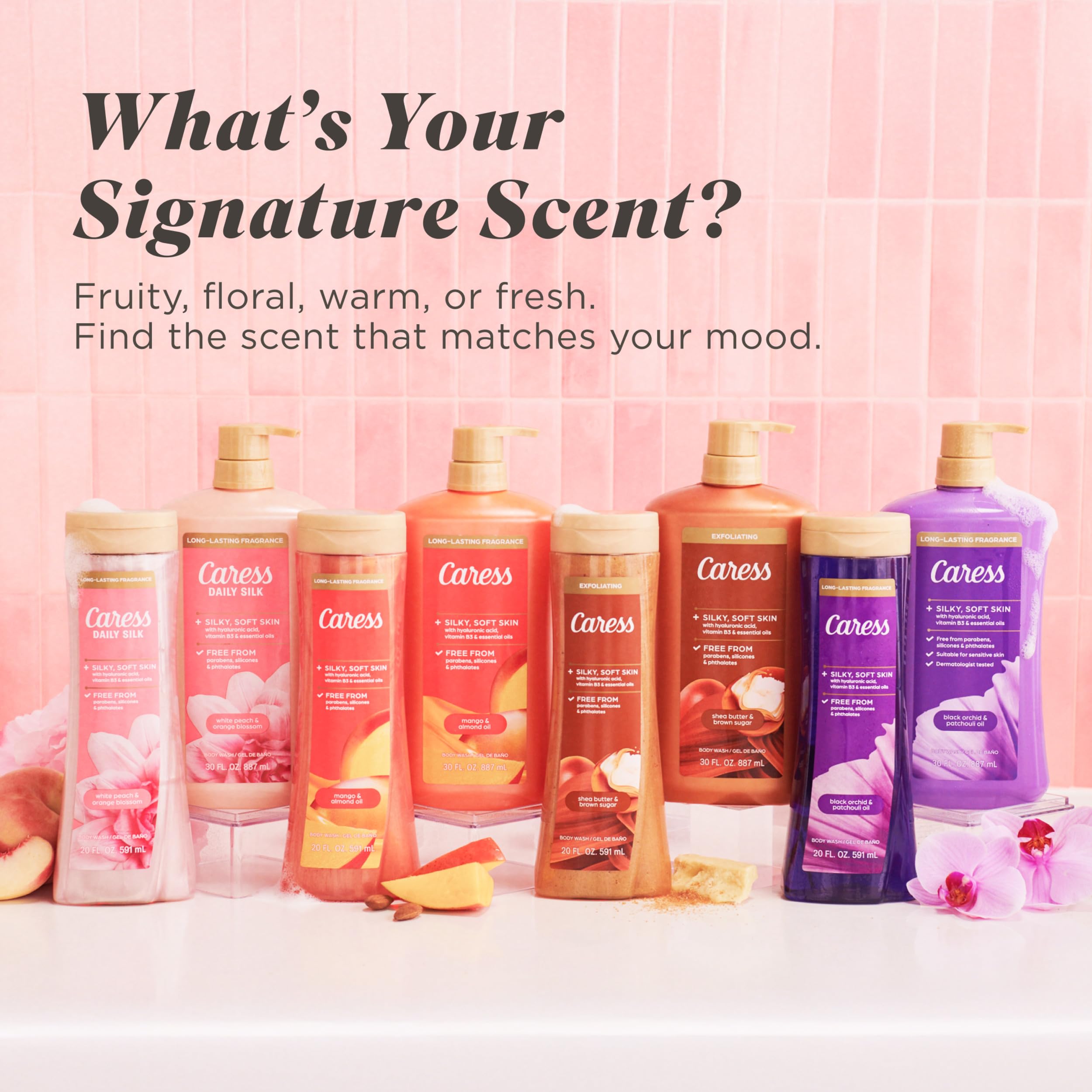 Caress etiqueta de fragancia White Peach closeup que enfatiza aroma premium