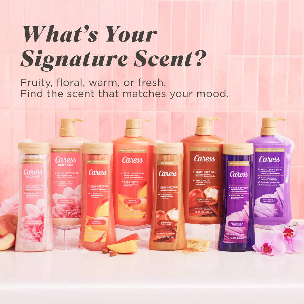 Caress etiqueta de fragancia White Peach closeup que enfatiza aroma premium