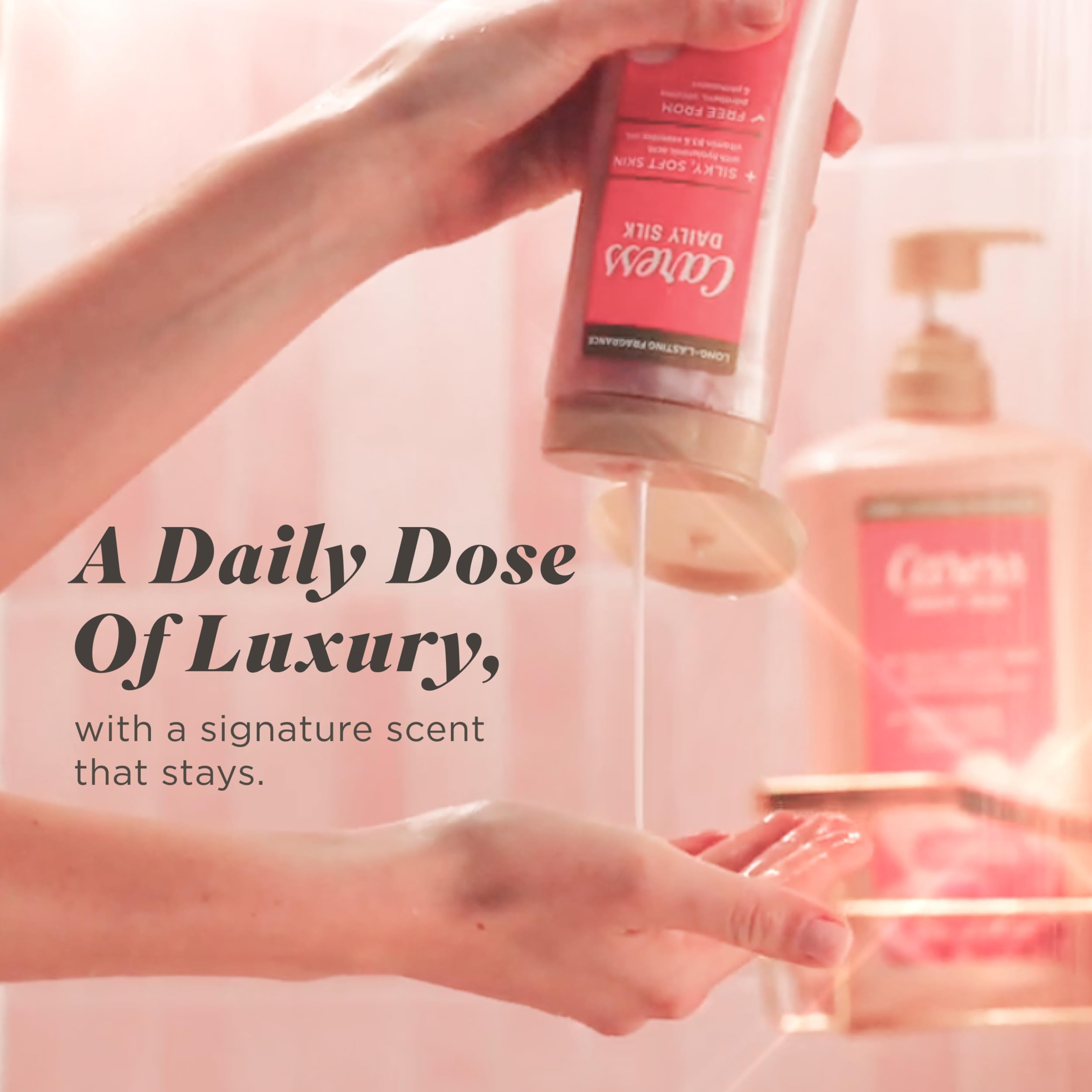 Caress gel de ducha en uso en la ducha transmitiendo experiencia sensorial
