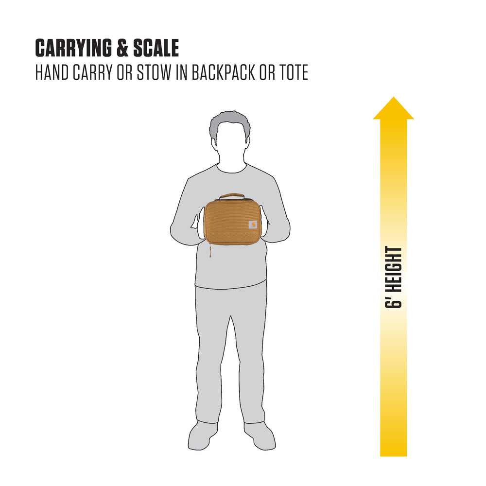 Carhartt comparación de escala junto a botella para referencia de tamaño