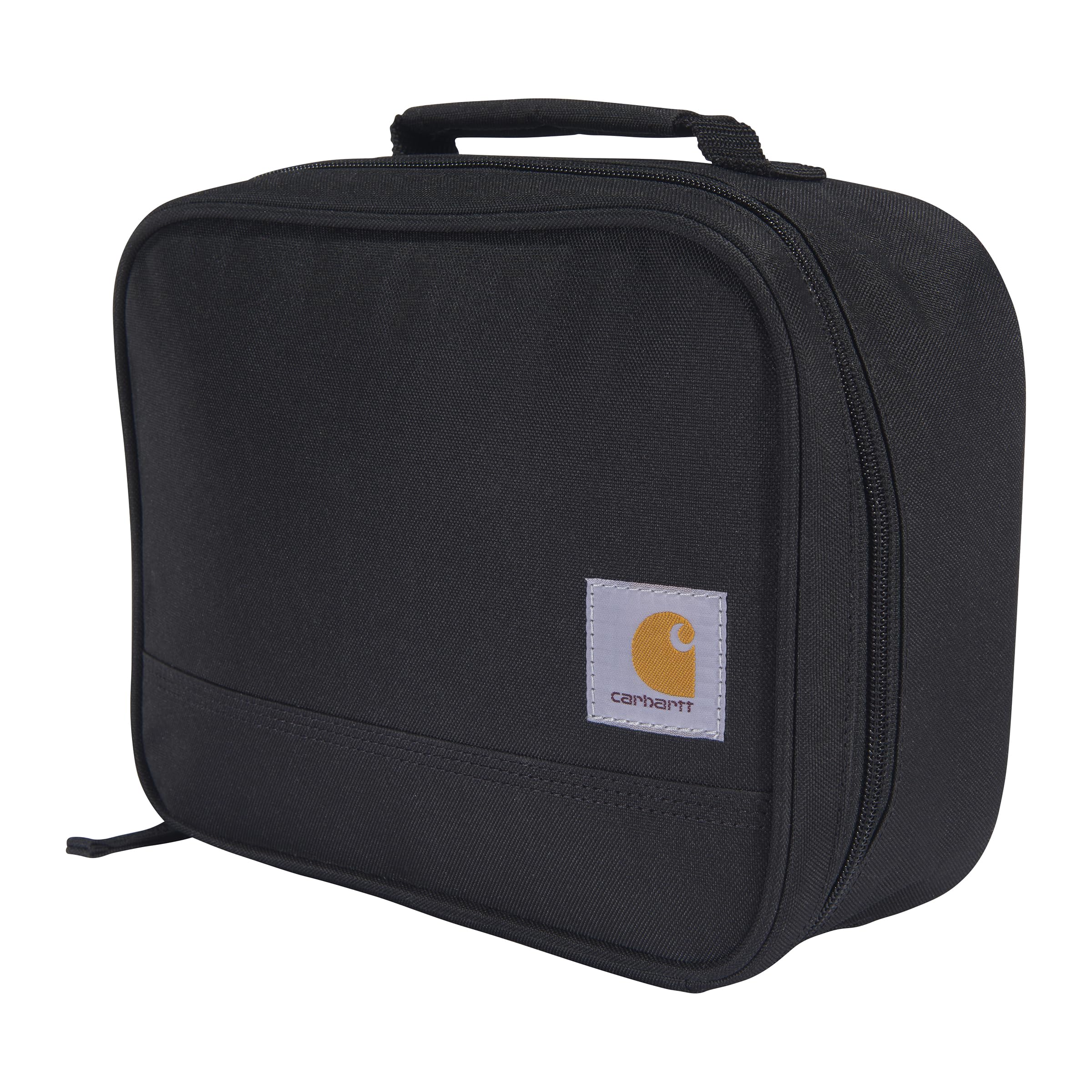 Carhartt lonchera frontal mostrando cierre resistente y asa para transporte