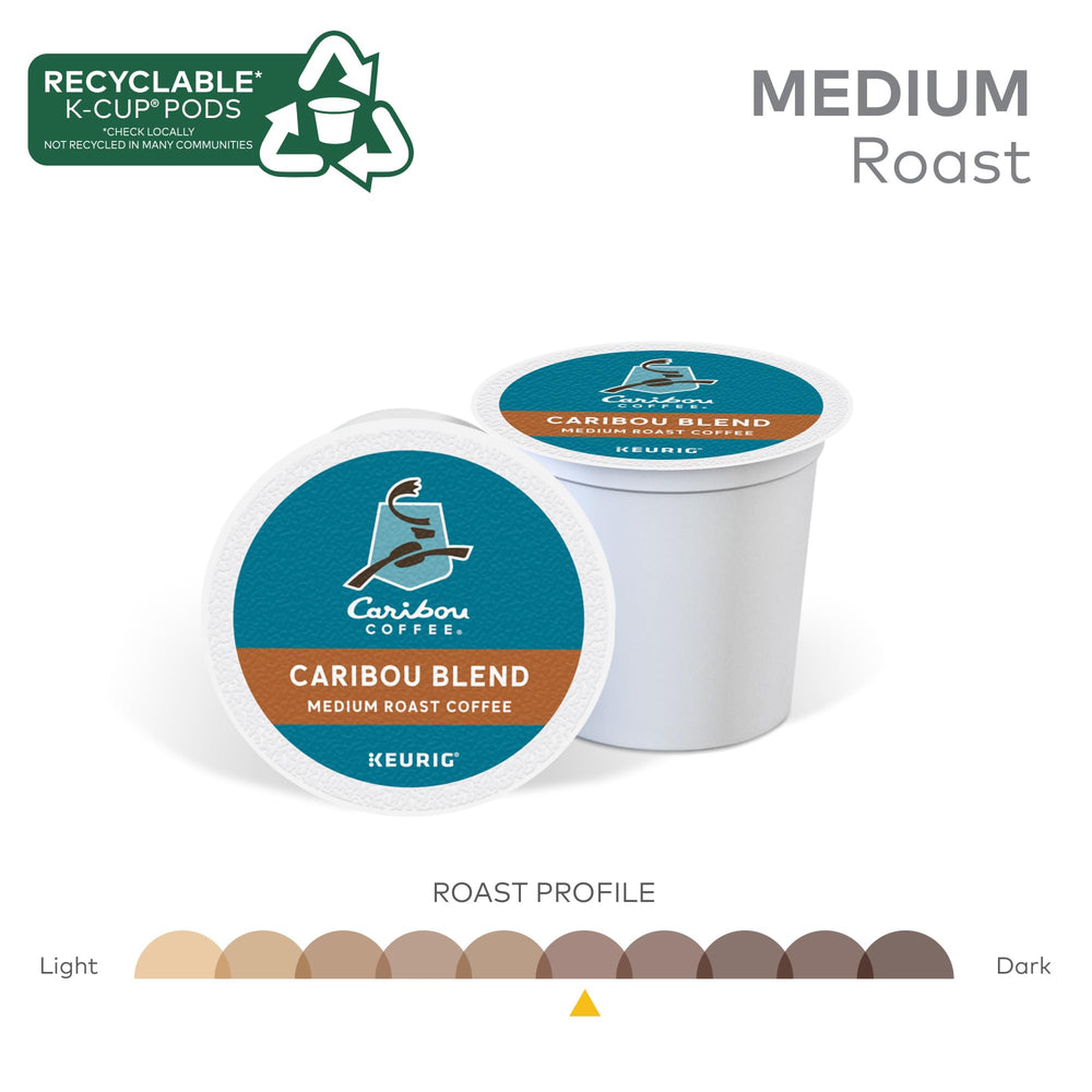 Caribou Coffee empaque lateral con información de sabor y compatibilidad Keurig