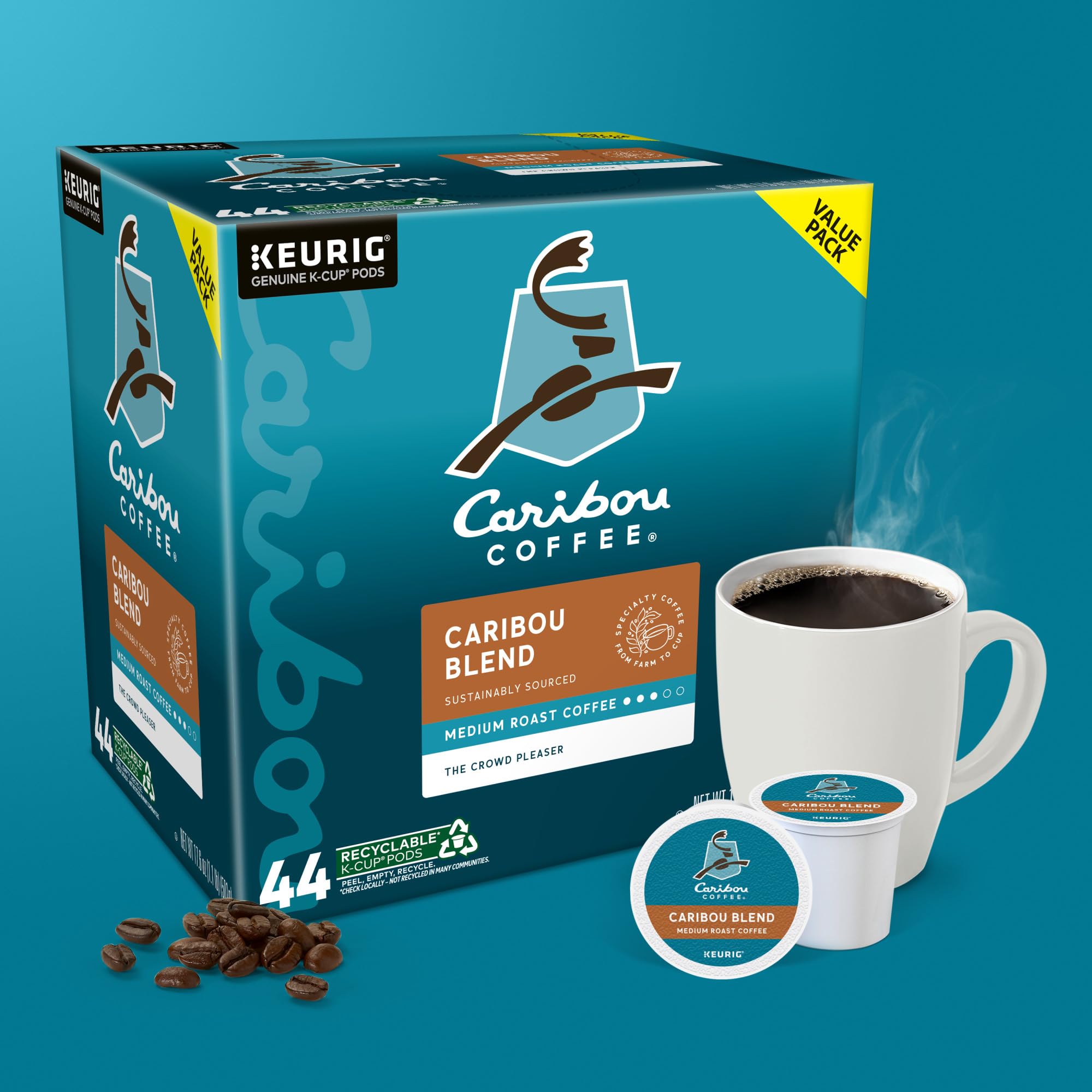 Caribou Coffee logo en etiqueta que refuerza marca y confianza del producto