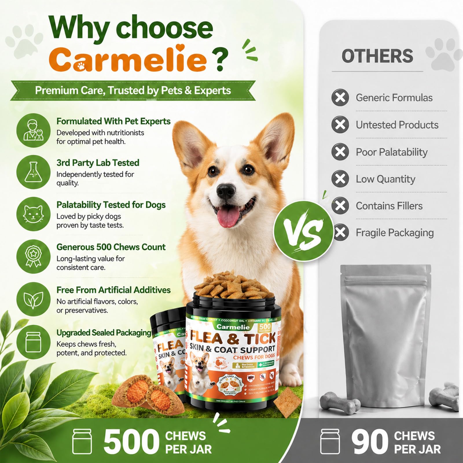 Carmelie frasco abierto con masticables listos para uso diario y almacenamiento