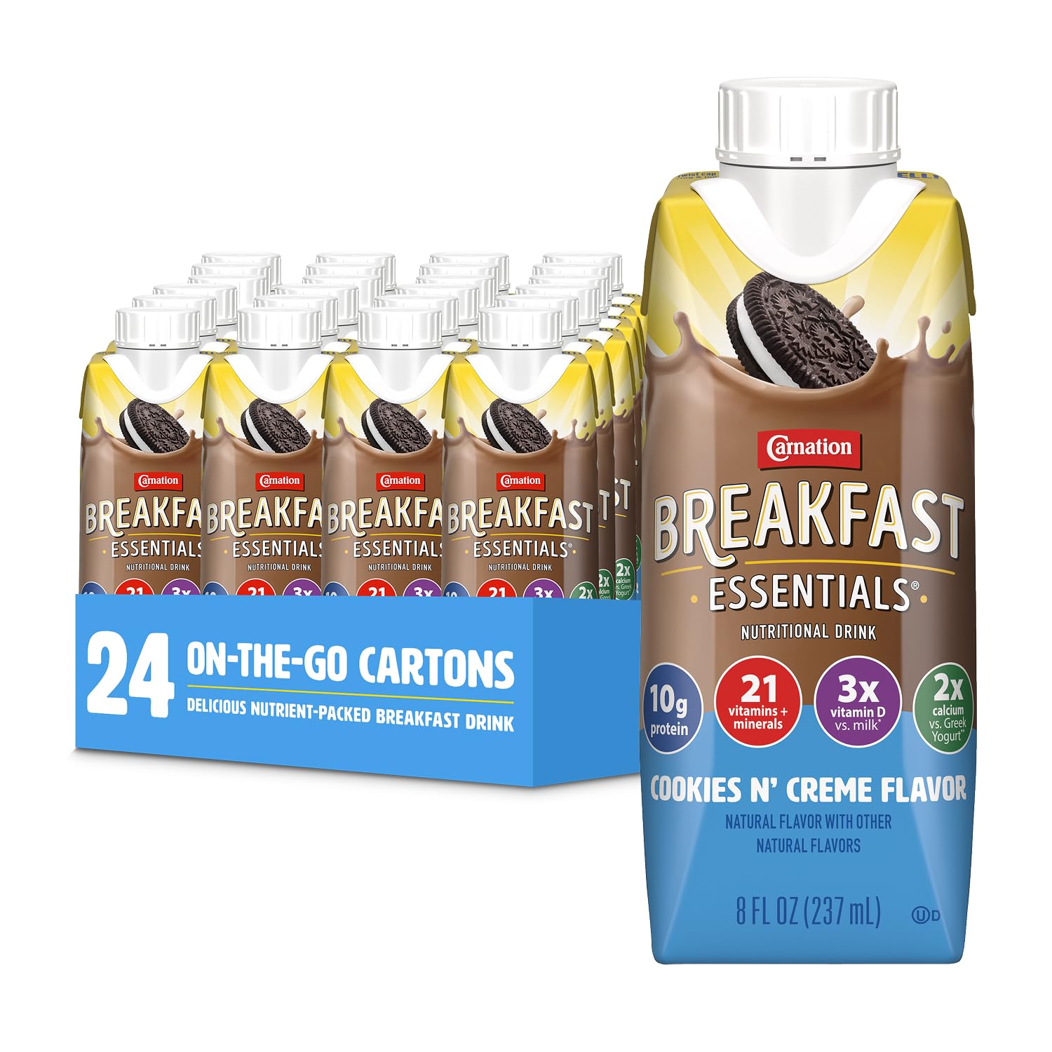 Carnation Breakfast Essentials envase frontal mostrando sabor Cookies N Crème y conveniencia