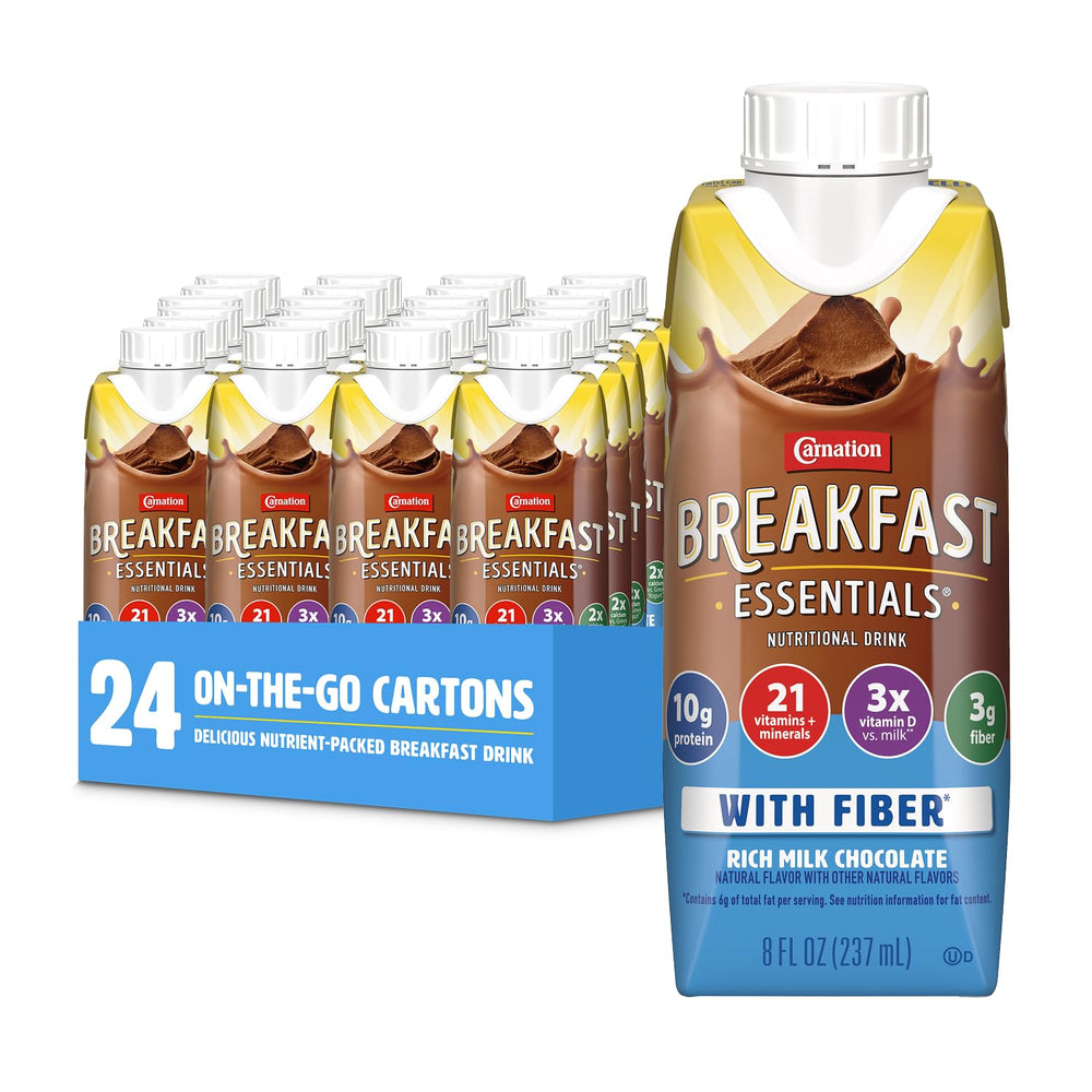 Carnation Breakfast Essentials envase frontal mostrando diseño y beneficios rápidos