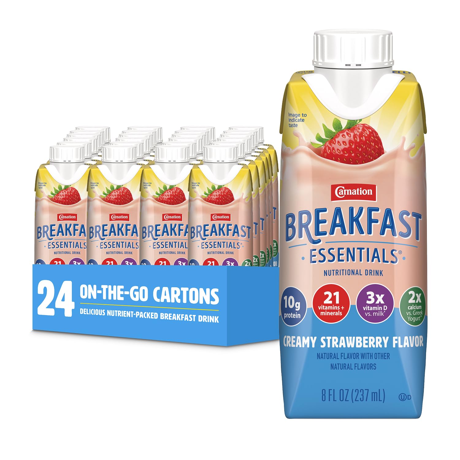 Carnation Breakfast Essentials vista frontal del envase con etiqueta clara y beneficio práctico