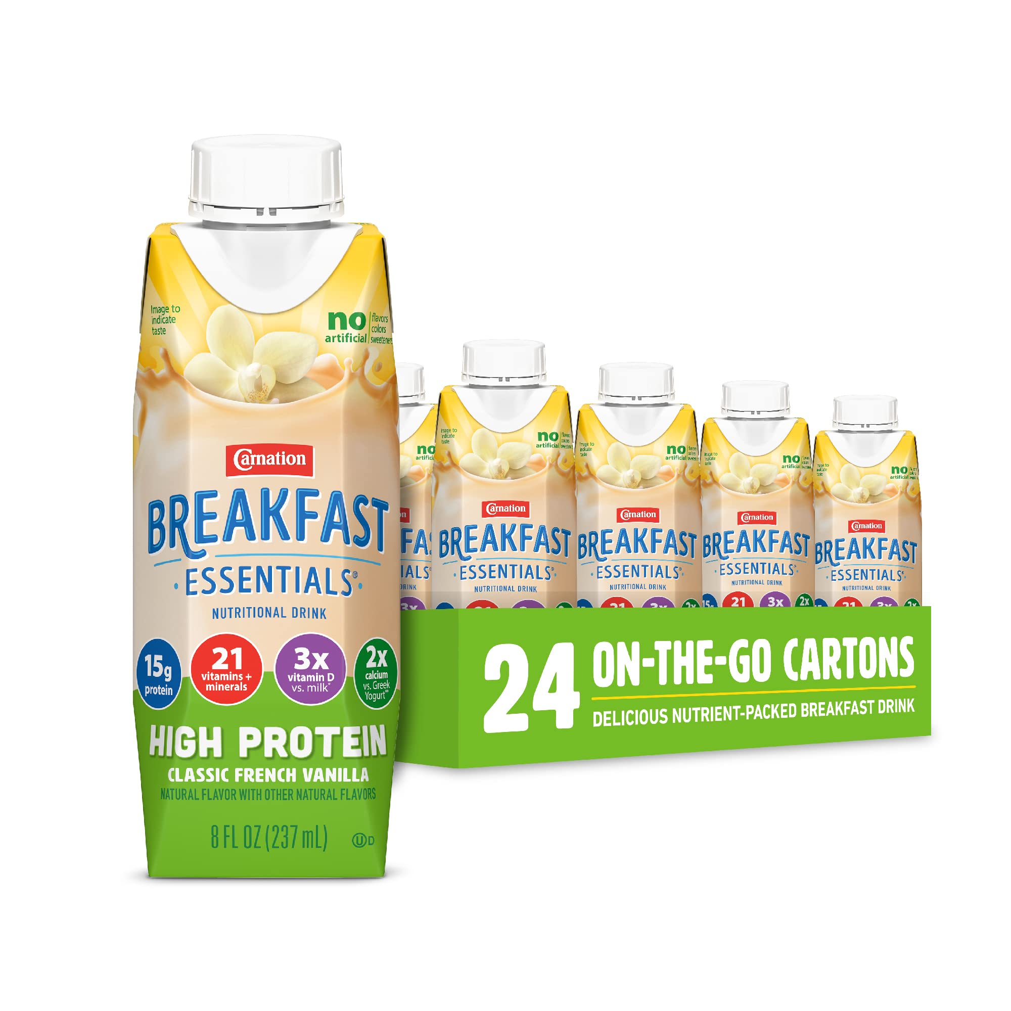 Carnation Breakfast Essentials frontal del envase mostrando sabor vainilla y conveniencia