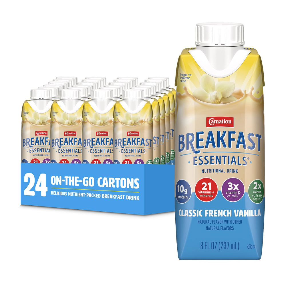 Carnation Breakfast Essentials frontal del envase mostrando sabor vainilla y nutrientes