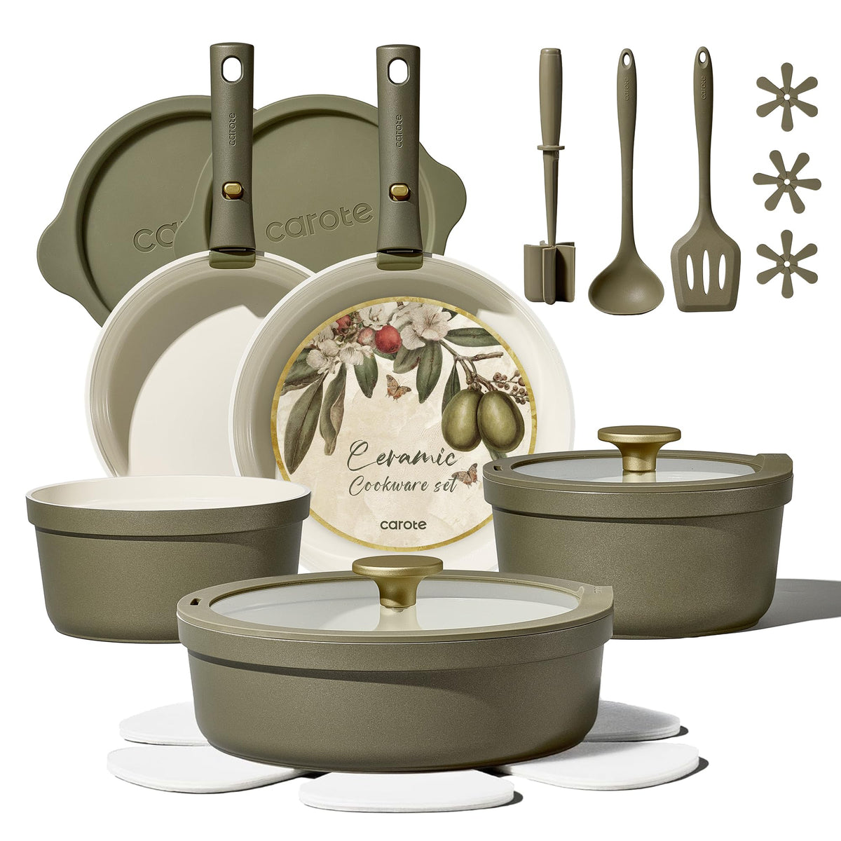 CAROTE front view showing full 21-piece set and organized contents benefit