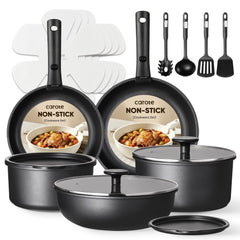 CAROTE cookware set front view showing contents and benefit of complete kit