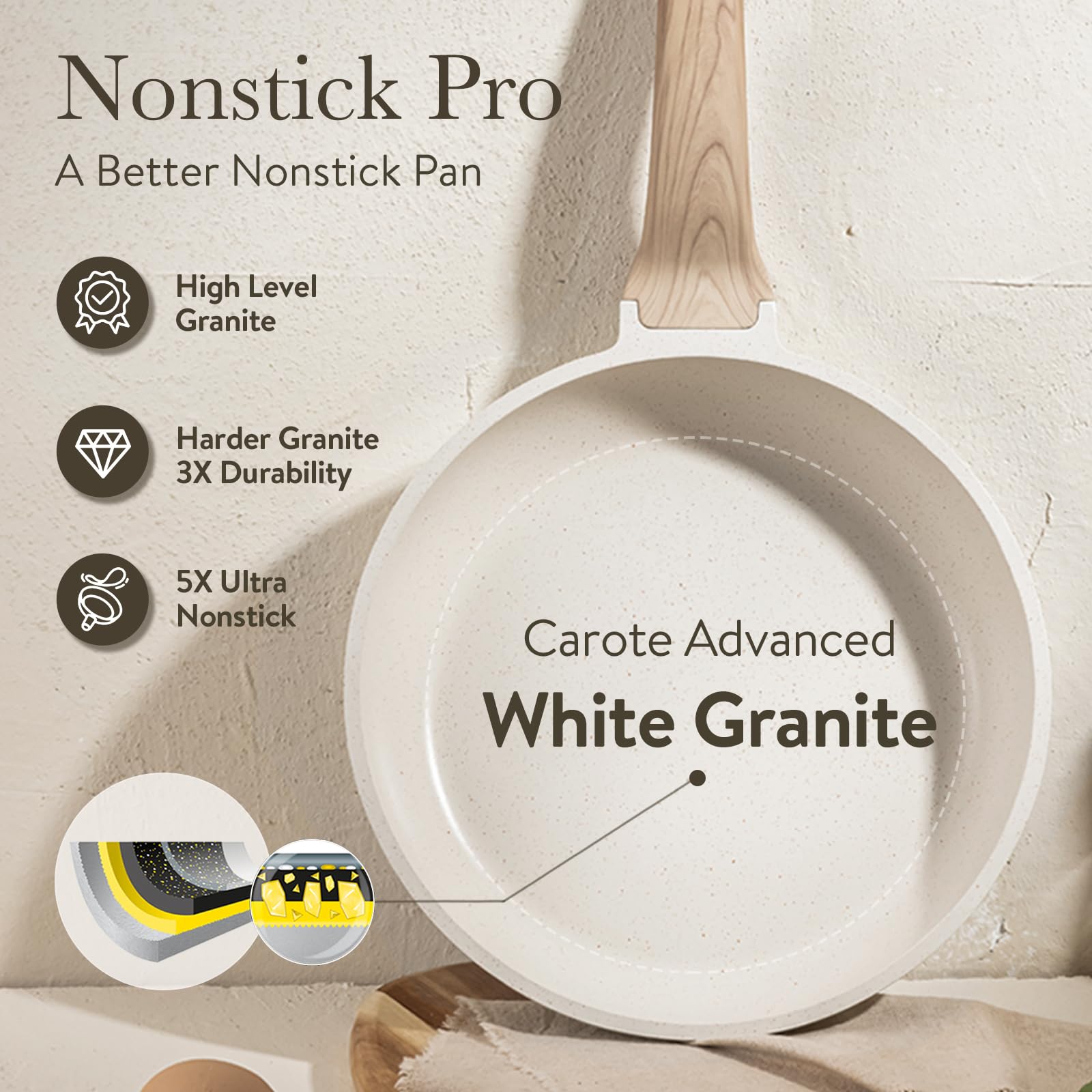 CAROTE granite-style coating close-up showing textured nonstick surface durability