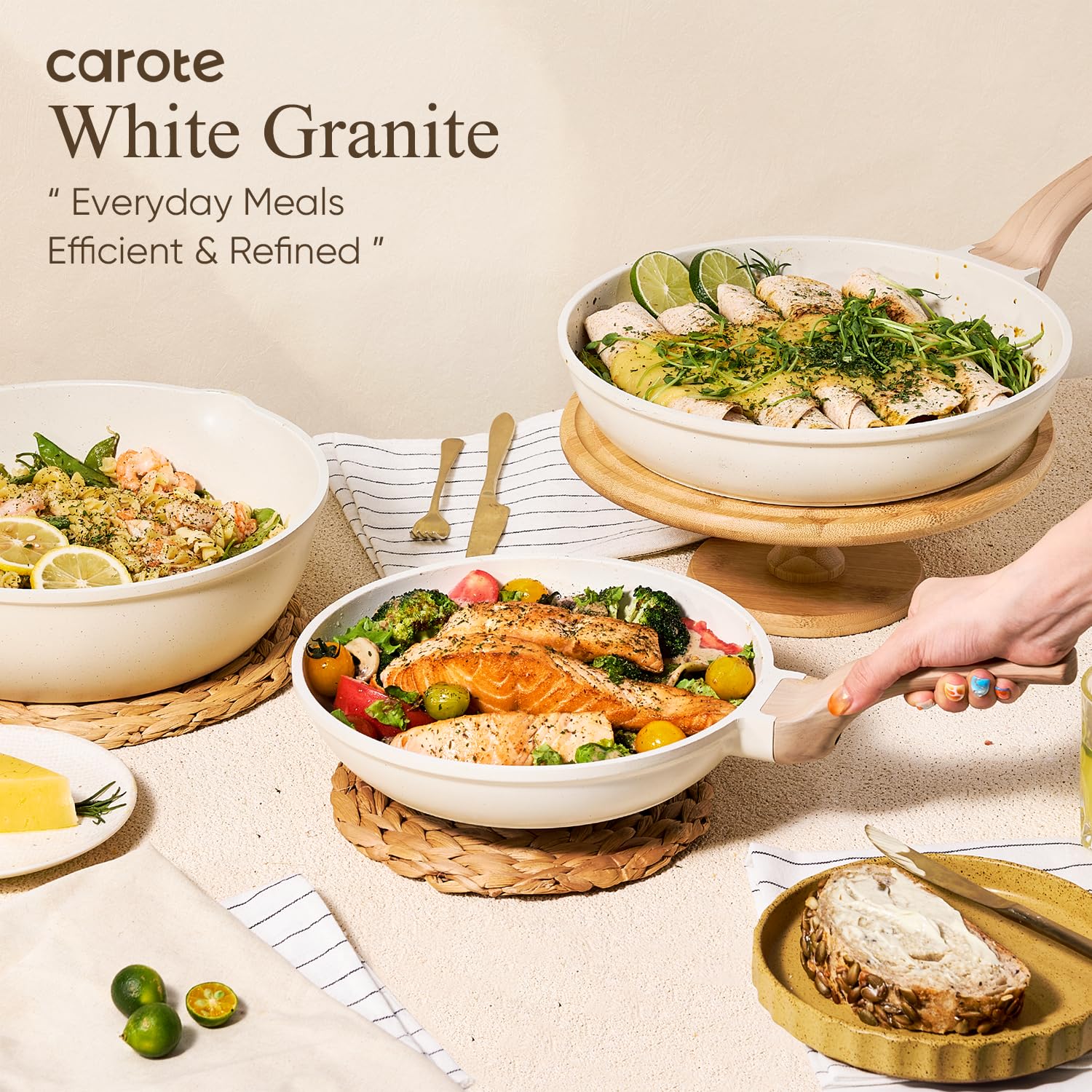 CAROTE cookware in a kitchen lifestyle scene with family-friendly meal prep