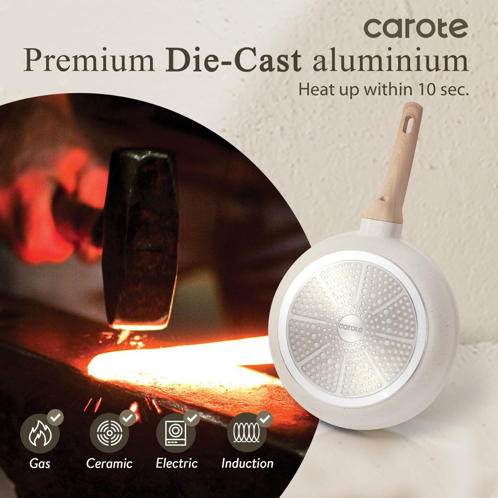 CAROTE sartén junto a manos para comparar tamaño y uso práctico en cocina cotidiana