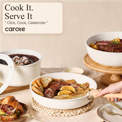 CAROTE cookware served on table showing convenient serving transition