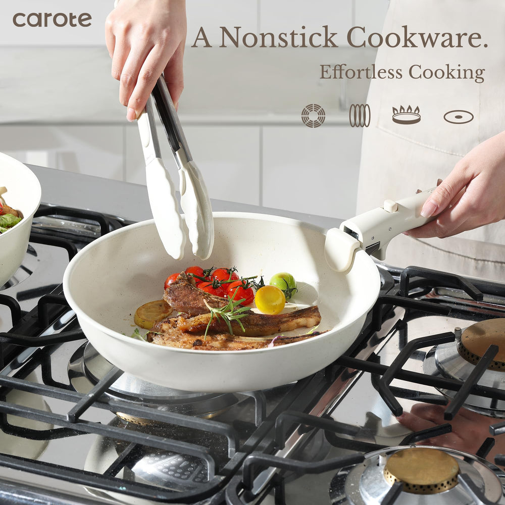 CAROTE stacked pans without handles highlighting compact storage advantage