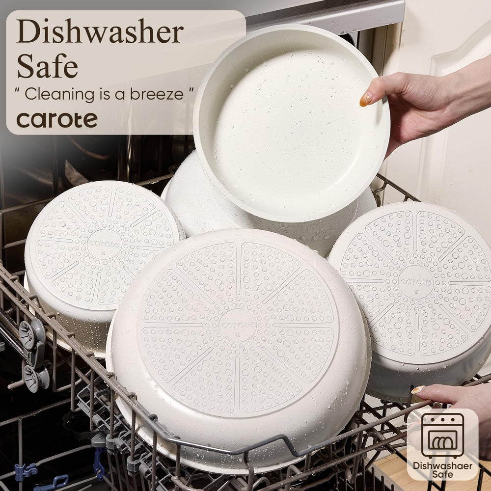 CAROTE stacked pans without handles demonstrating space saving