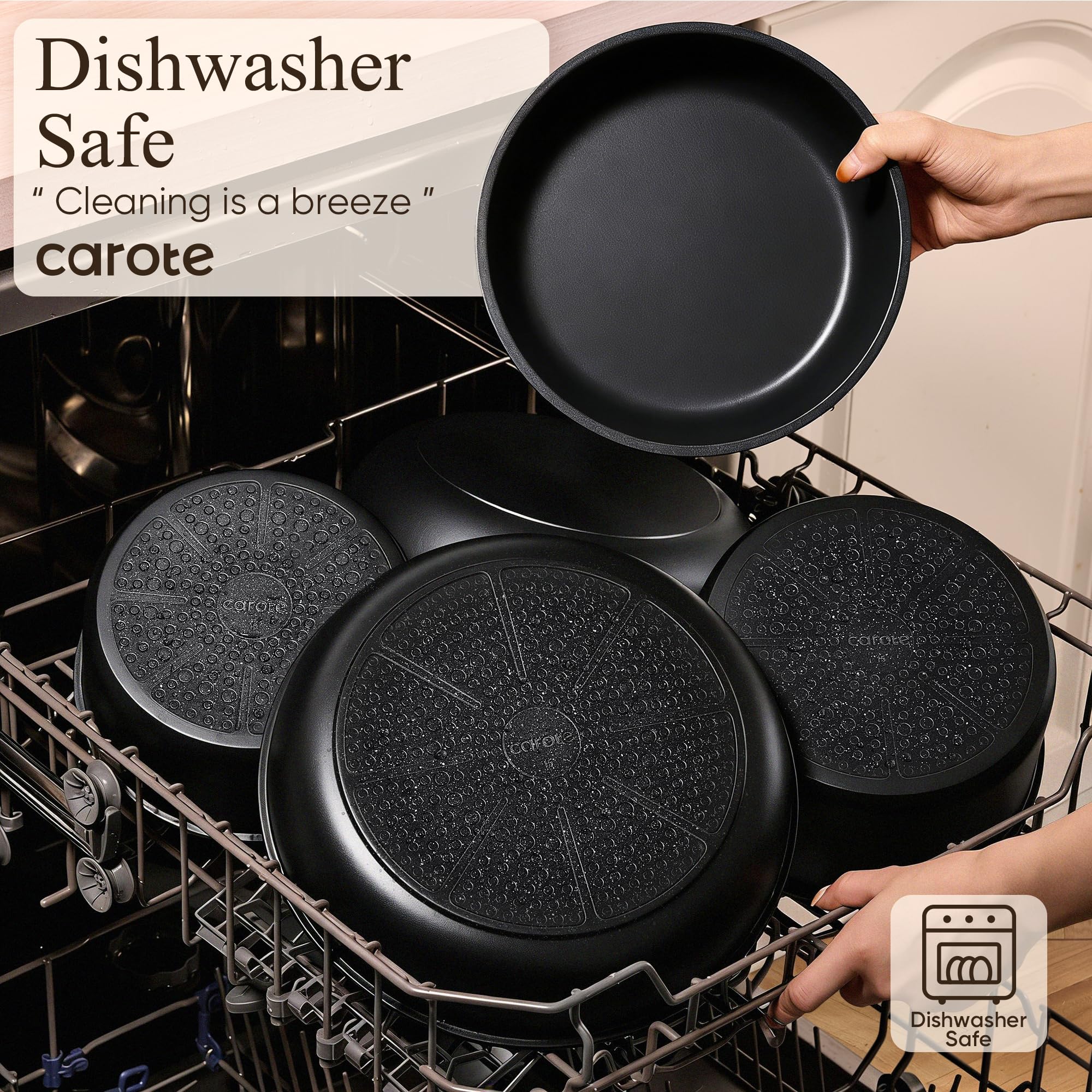 CAROTE stacked cookware demonstrating space-saving storage and organization