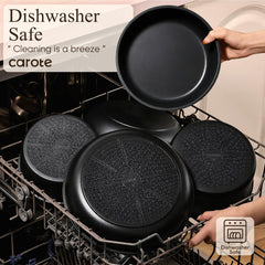 CAROTE stacked cookware demonstrating space-saving storage and organization