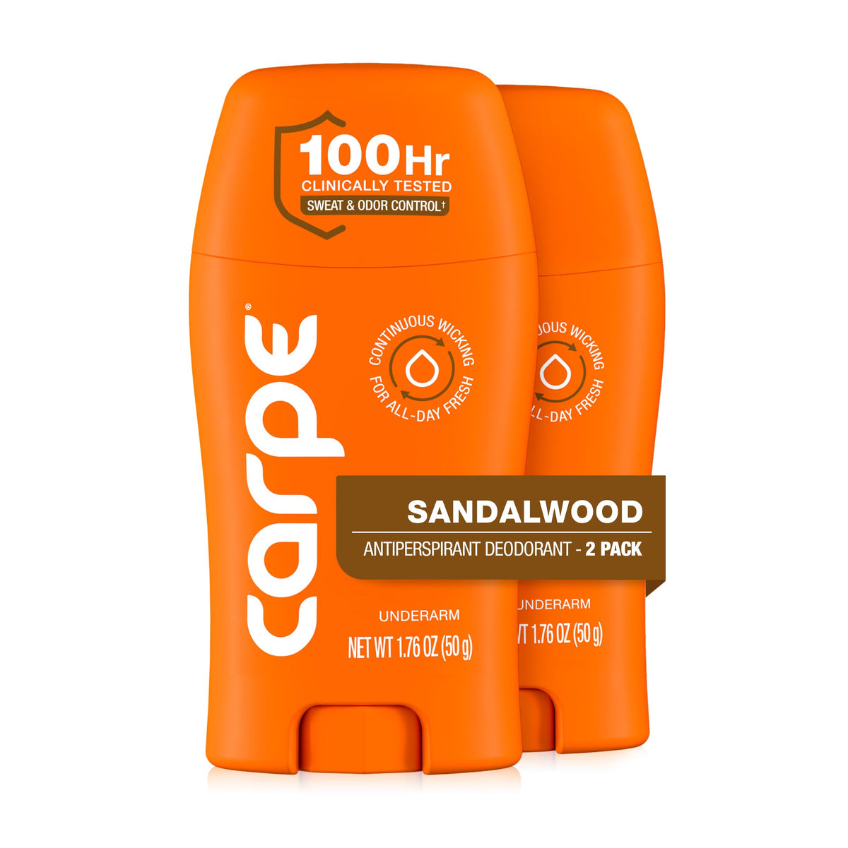Carpe pack frontal mostrando dos antitranspirantes Sandalwood, protección prolongada