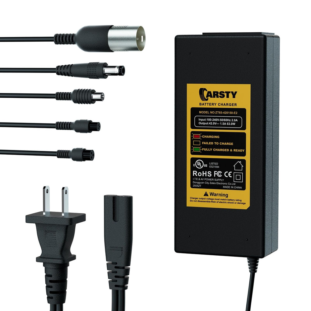 Carsty cargador frontal con cable mostrando conector y robustez