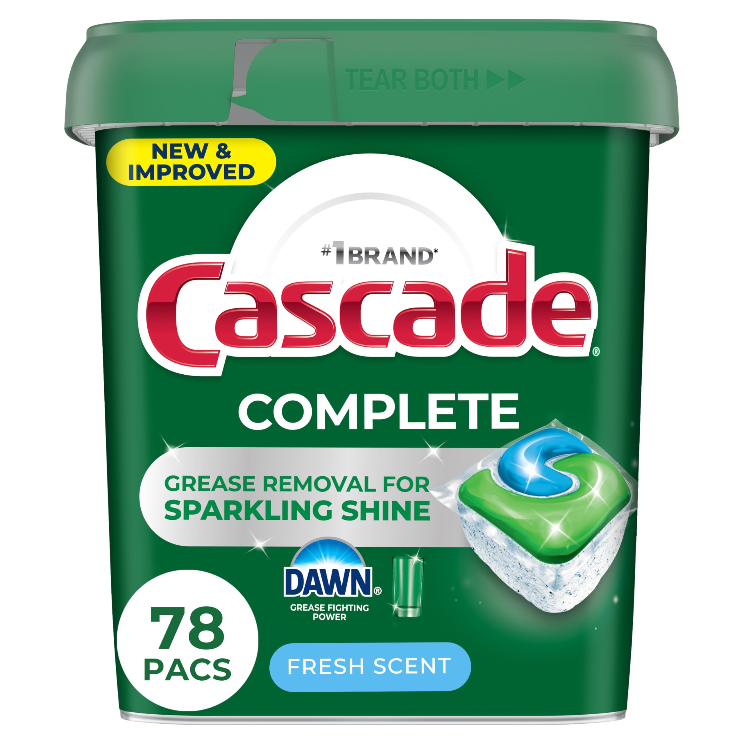 Cascade envase frontal mostrando 78 ActionPacs y aroma Fresh Scent beneficio conveniencia
