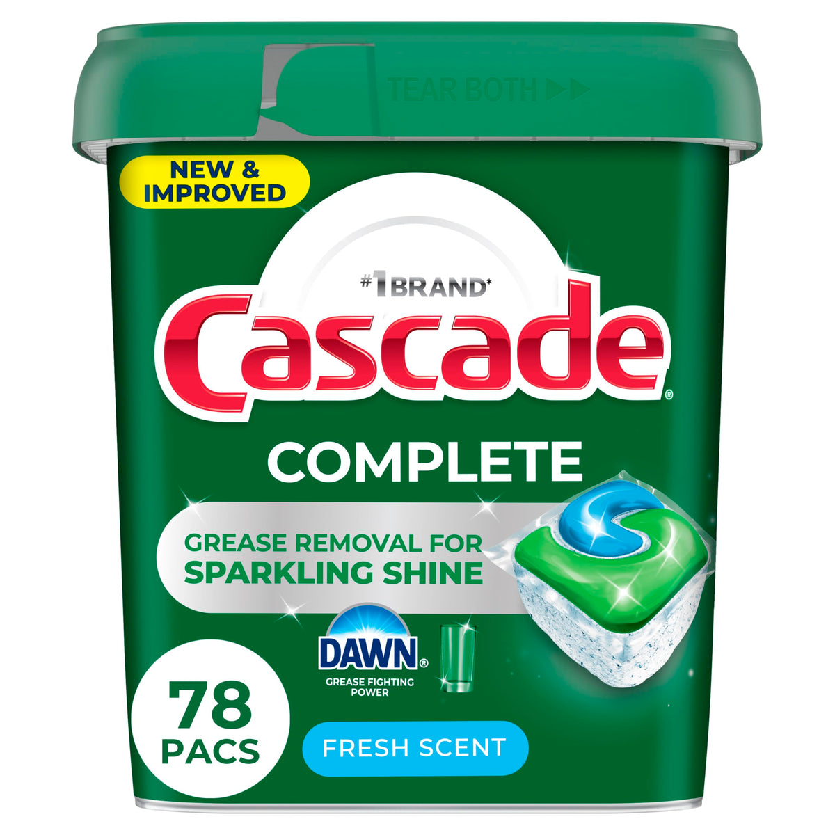 Cascade envase frontal mostrando 78 ActionPacs y aroma Fresh Scent beneficio conveniencia