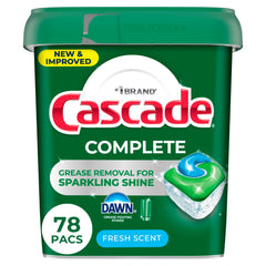 Cascade envase frontal mostrando 78 ActionPacs y aroma Fresh Scent beneficio conveniencia