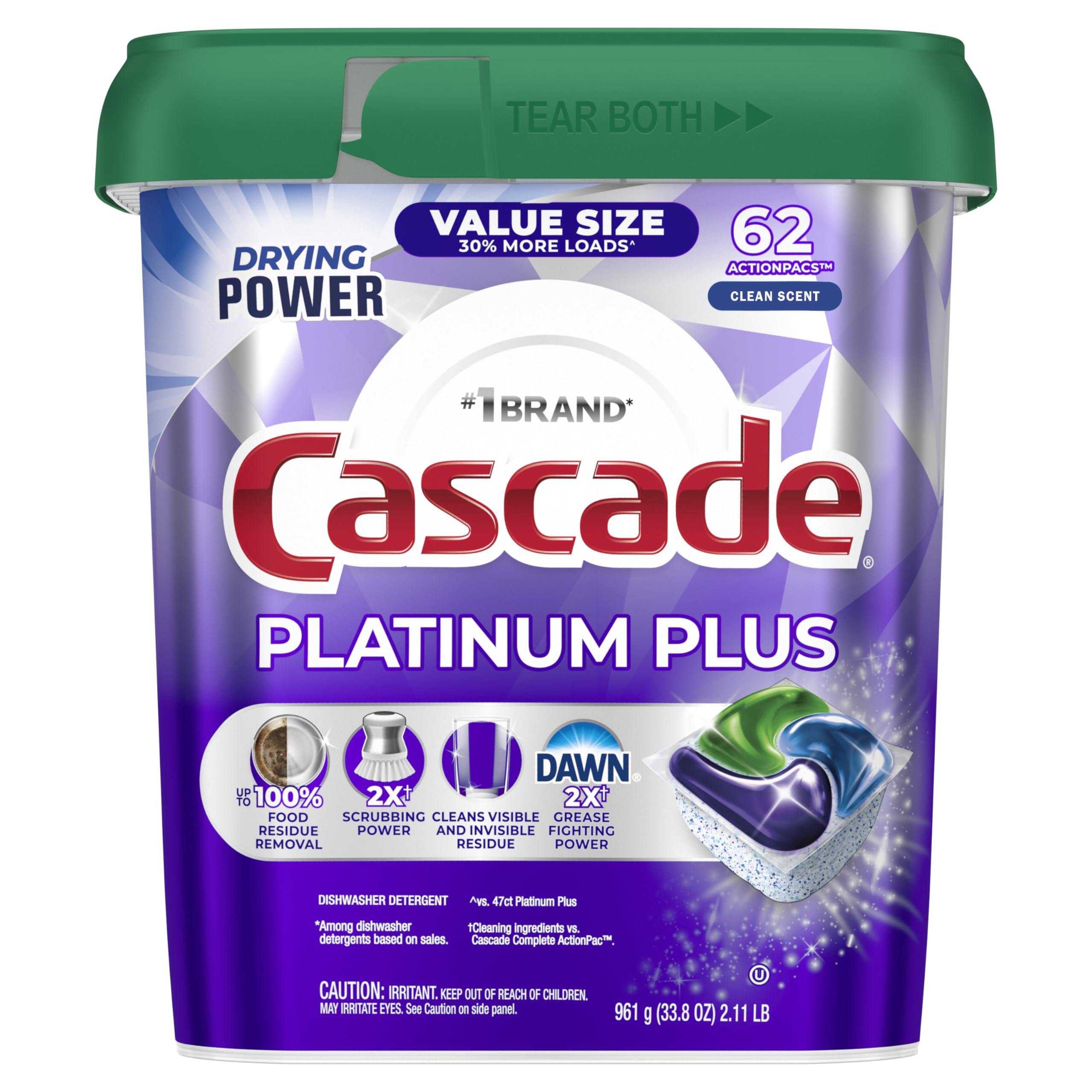 Cascade paquete frontal mostrando 62 pastillas y beneficio limpieza potente