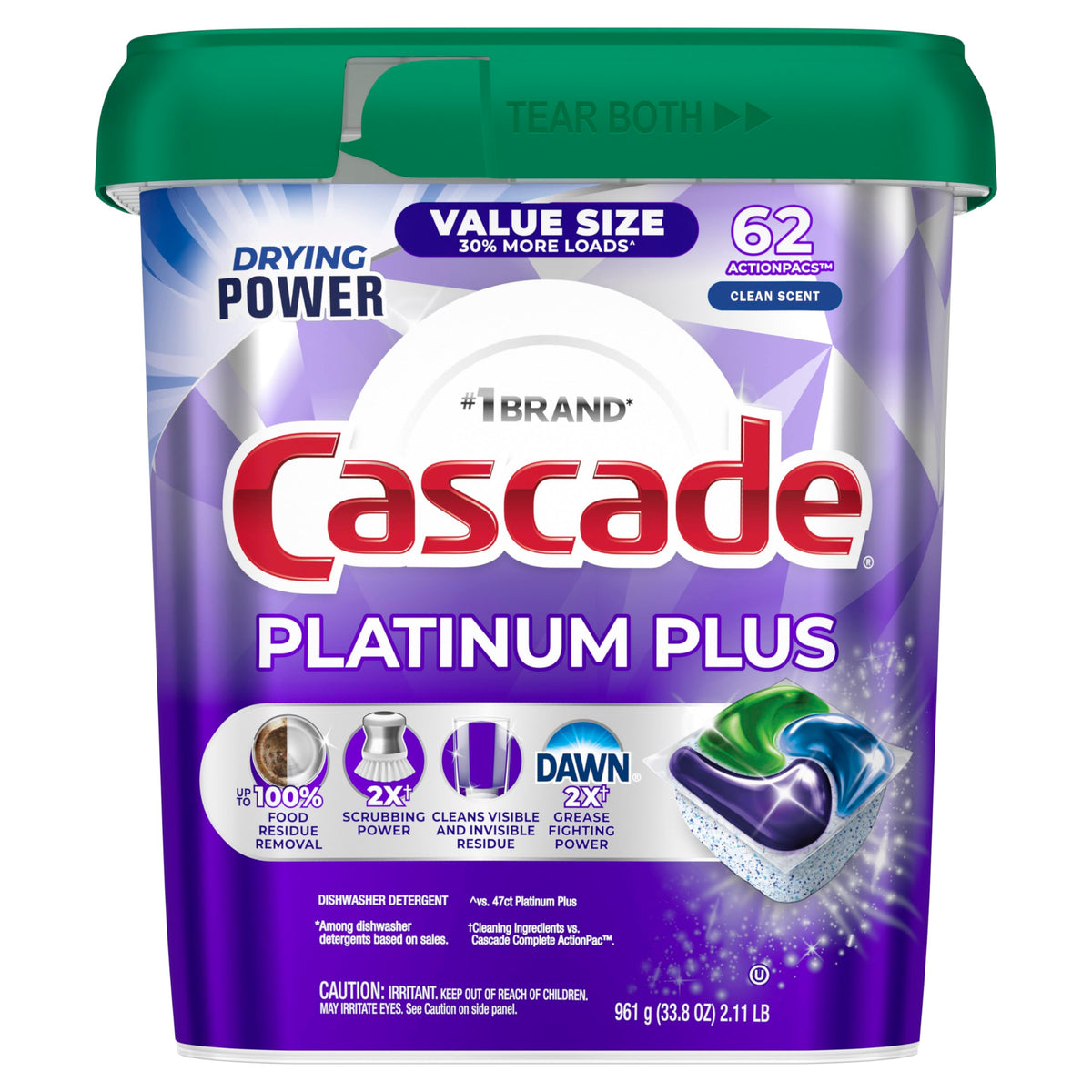 Cascade paquete frontal mostrando 62 pastillas y beneficio limpieza potente