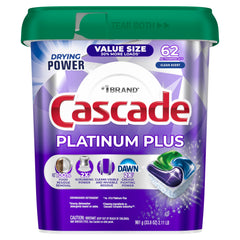 Cascade paquete frontal mostrando 62 pastillas y beneficio limpieza potente