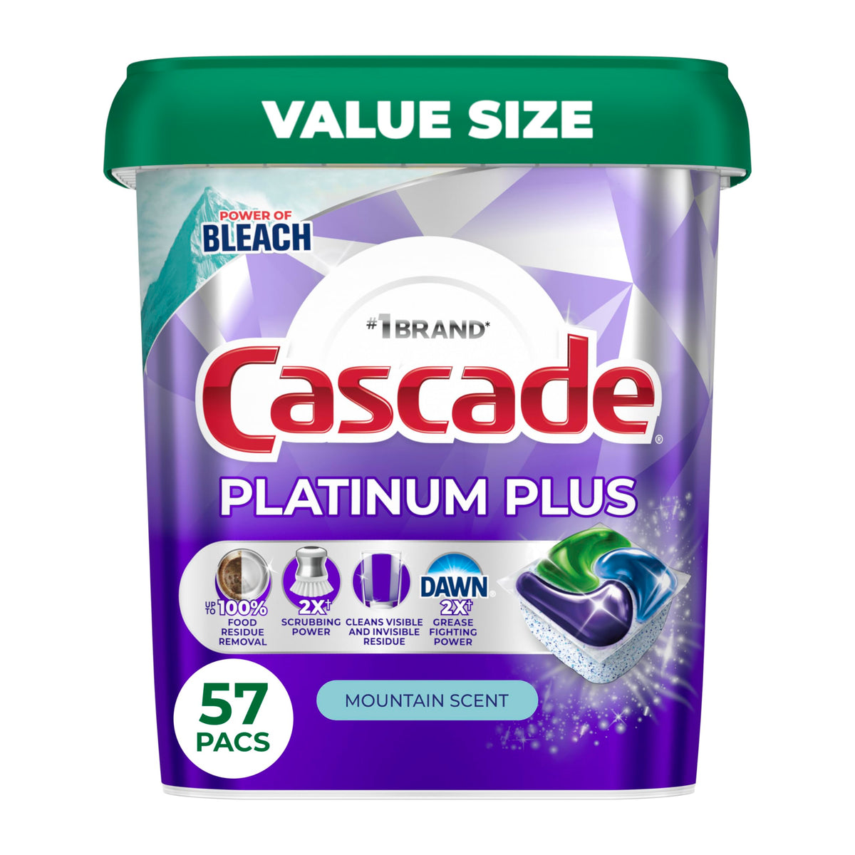 Cascade paquete frontal mostrando 57 ActionPacs y beneficio limpieza potente