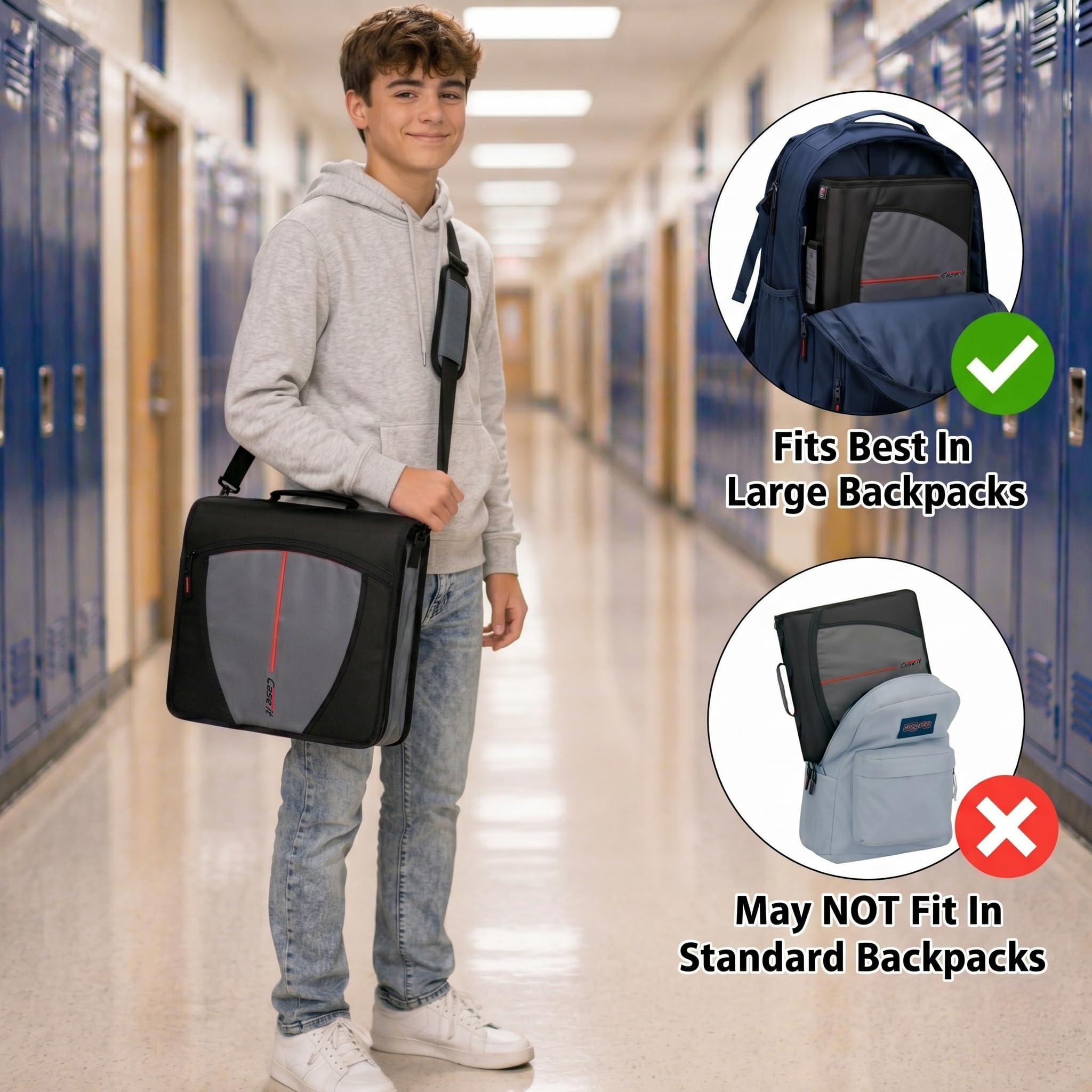 Case-it imagen de uso en hombro para transporte cómodo entre casa y escuela