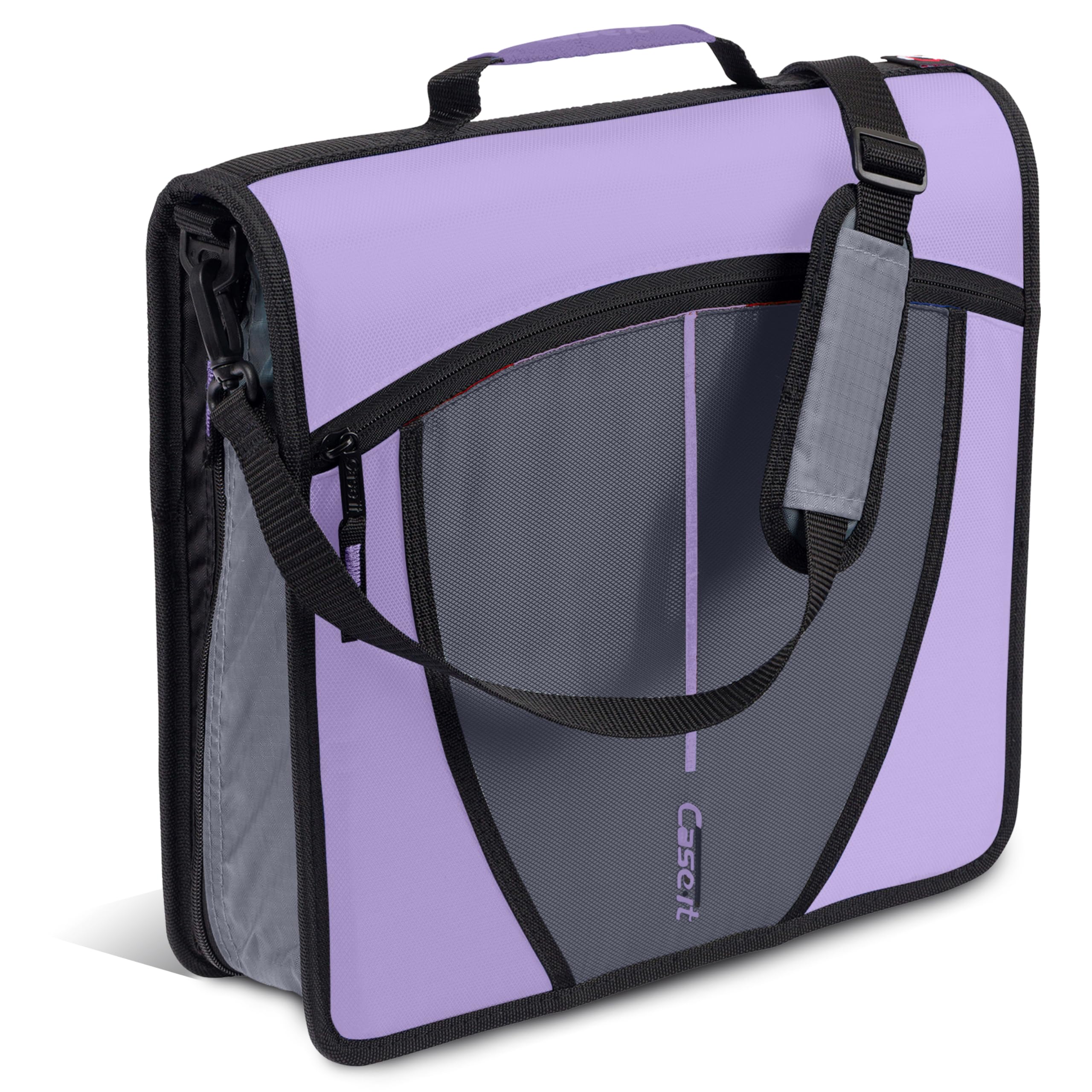 Case-it frontal de la carpeta lavender mostrando cierre y capacidad segura