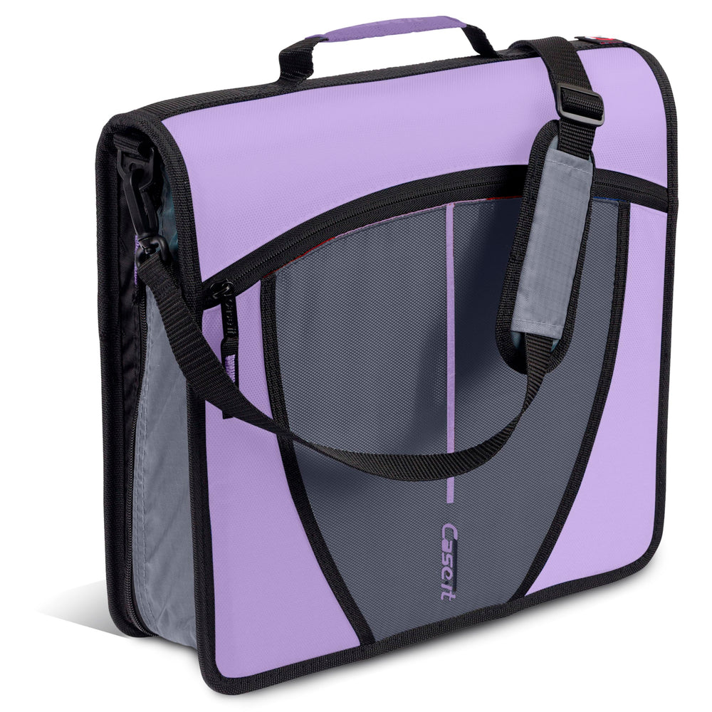Case-it frontal de la carpeta lavender mostrando cierre y capacidad segura