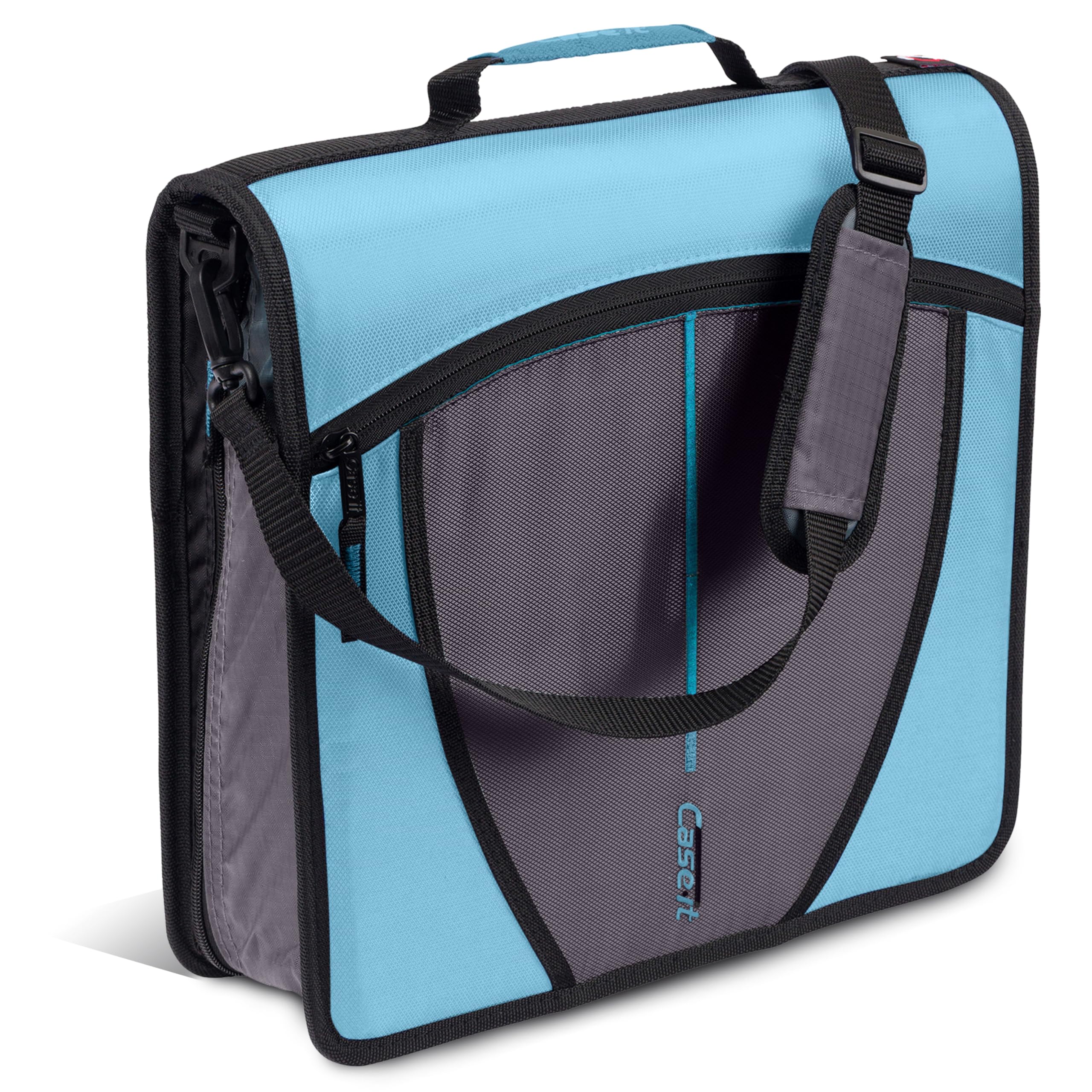 Case-it frontal de la carpeta teal mostrando cremallera y asa para organización portátil