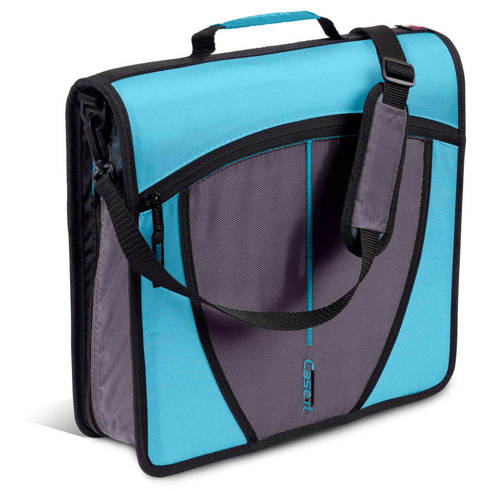 Case-it frontal de la carpeta teal mostrando cremallera y asa para organización portátil