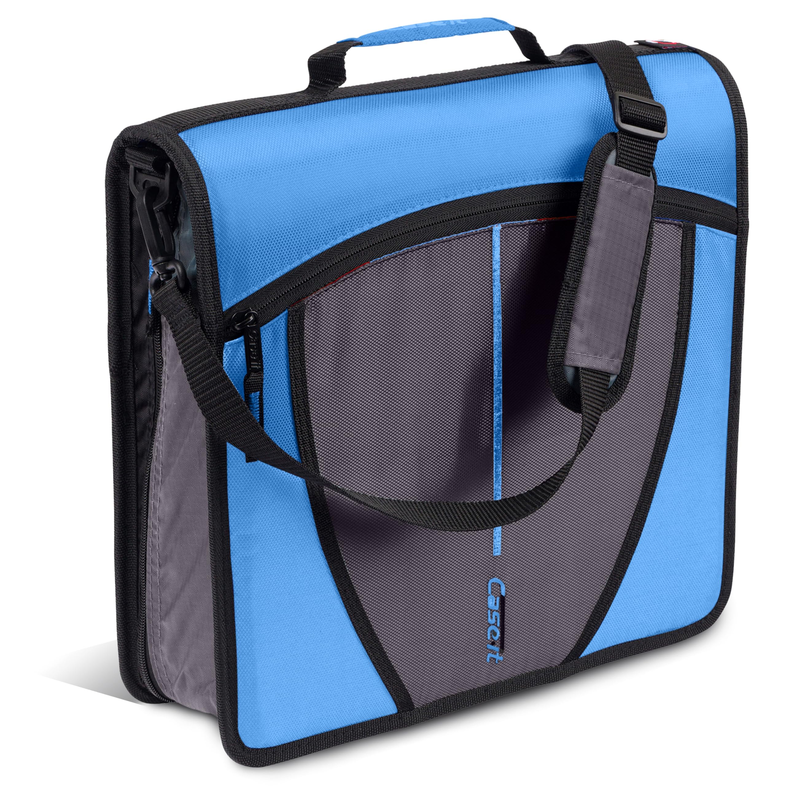 Case-it portada Denim Blue mostrando cremallera y anillas, protección segura