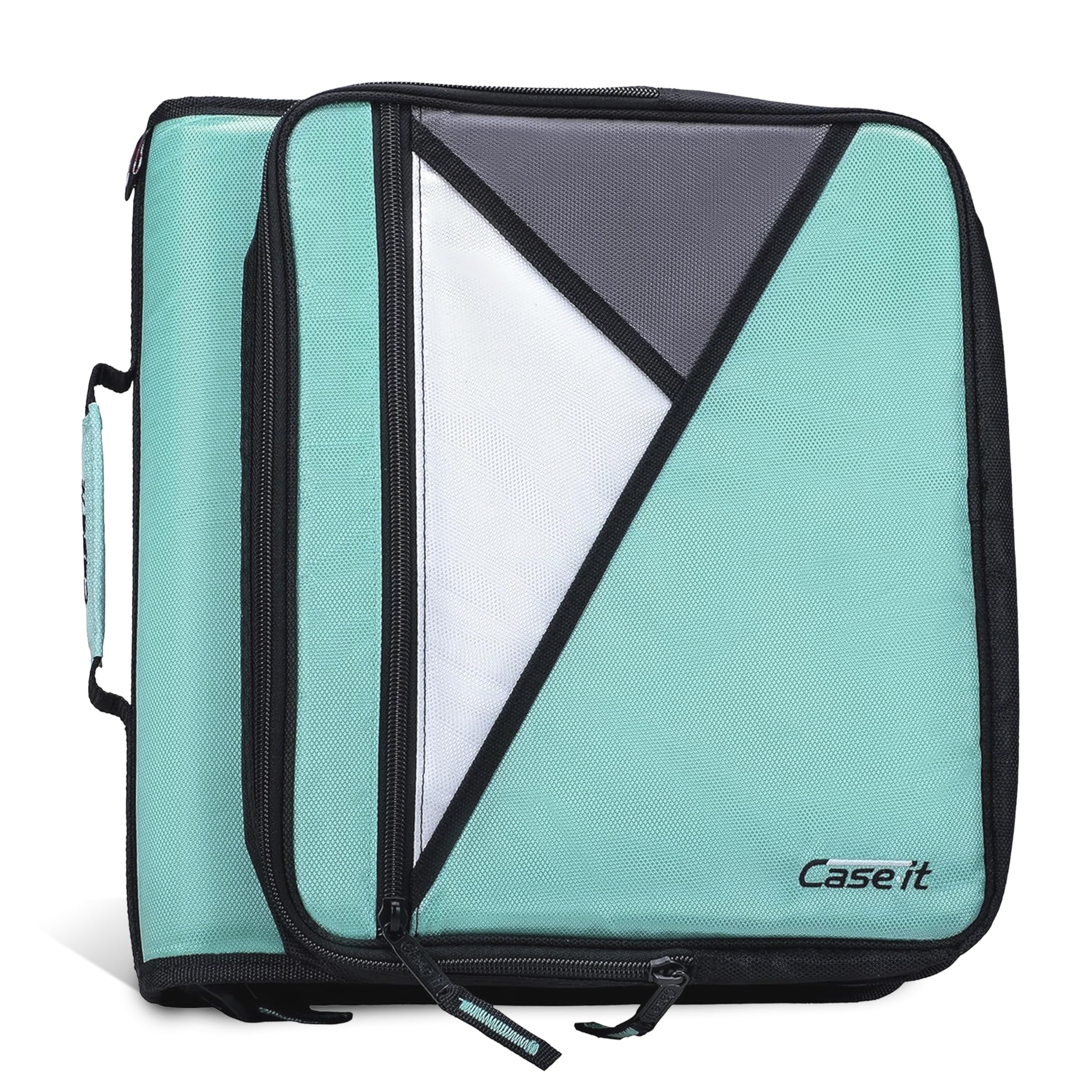 Case-it vista frontal con cierre spearmint mostrando anillas y bolsillos organizadores