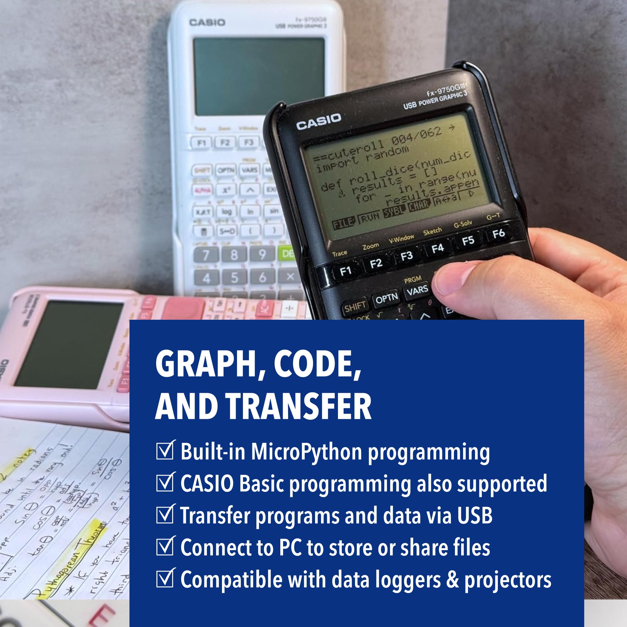 Casio fx-9750GIII next to a ruler showing compact size and portability