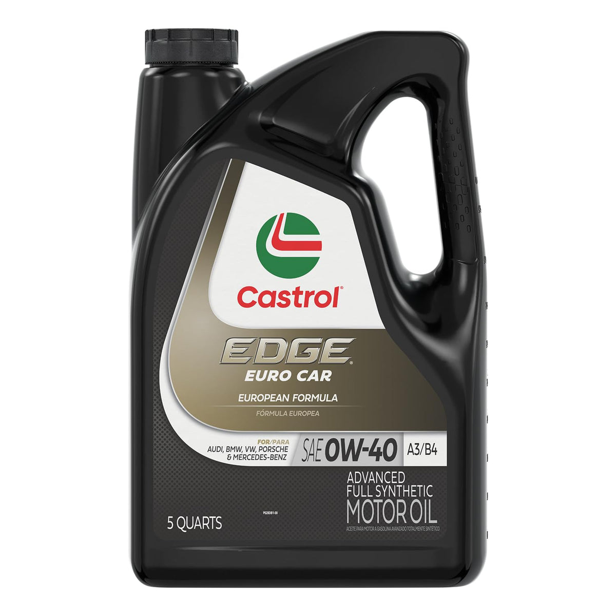 Castrol Edge envase frontal mostrando 5 quarts y diseño de etiqueta, beneficio protección