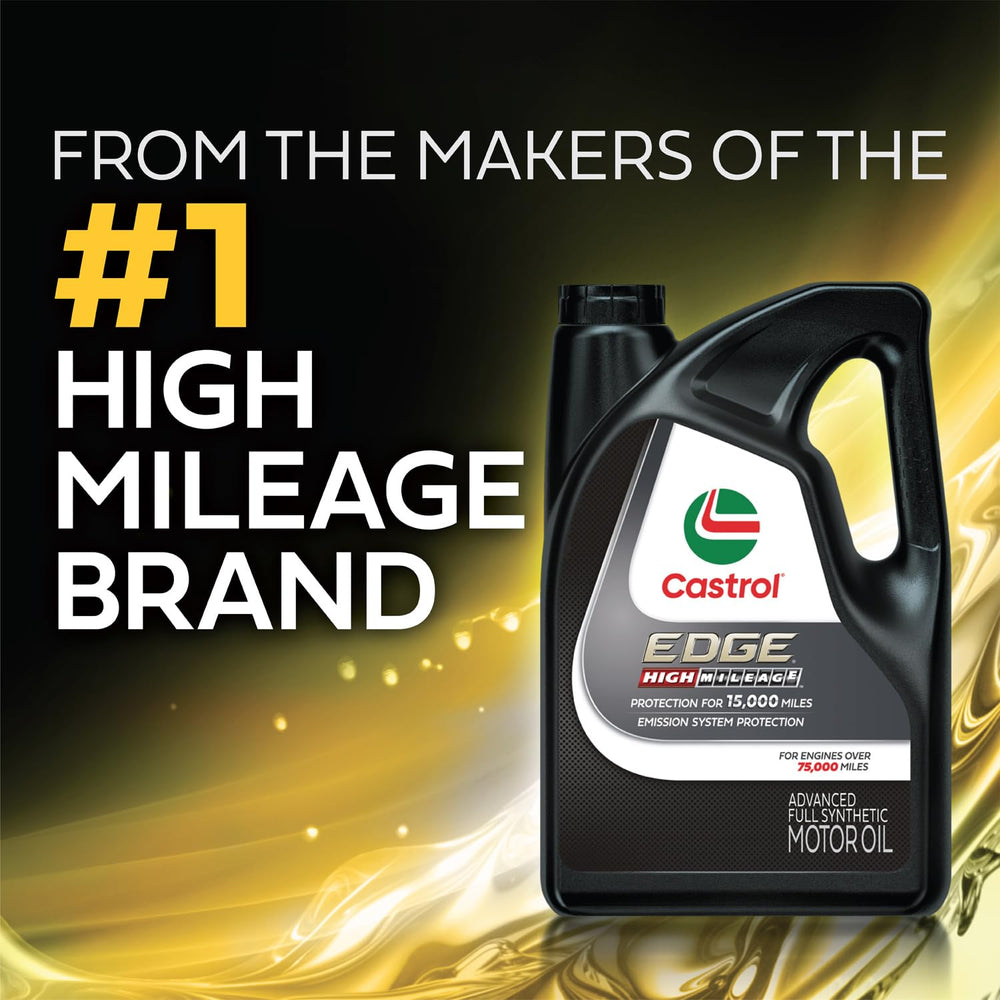 Castrol EDGE bottle next to open engine bay during oil change