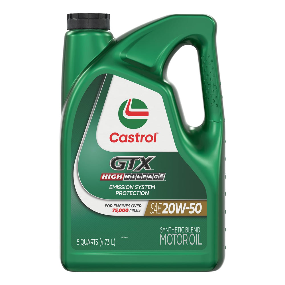 Castrol botella frontal 5 qt mostrando la protección para motores altos kilometrajes