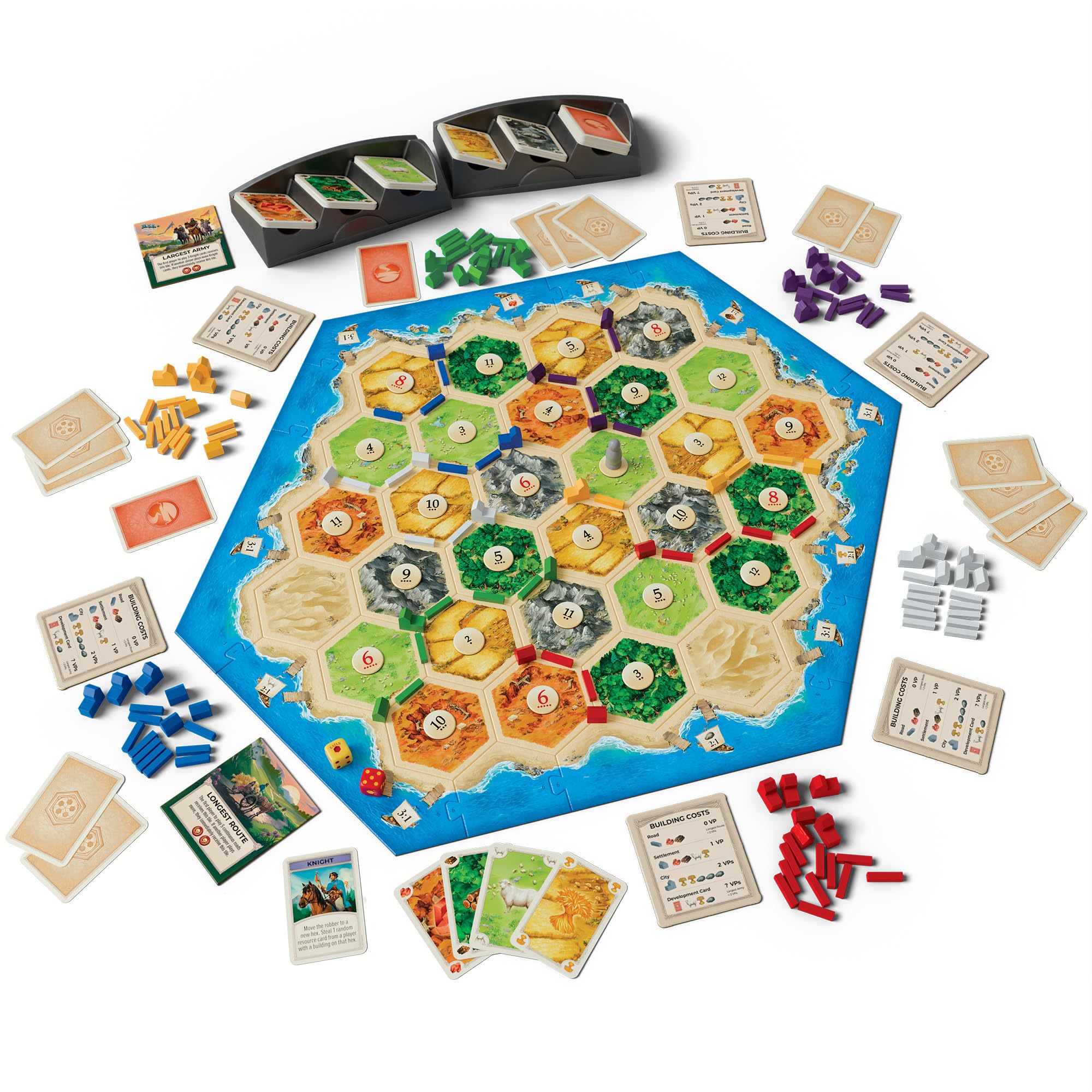 CATAN primer plano hexágonos y cartas, muestra detalles y calidad
