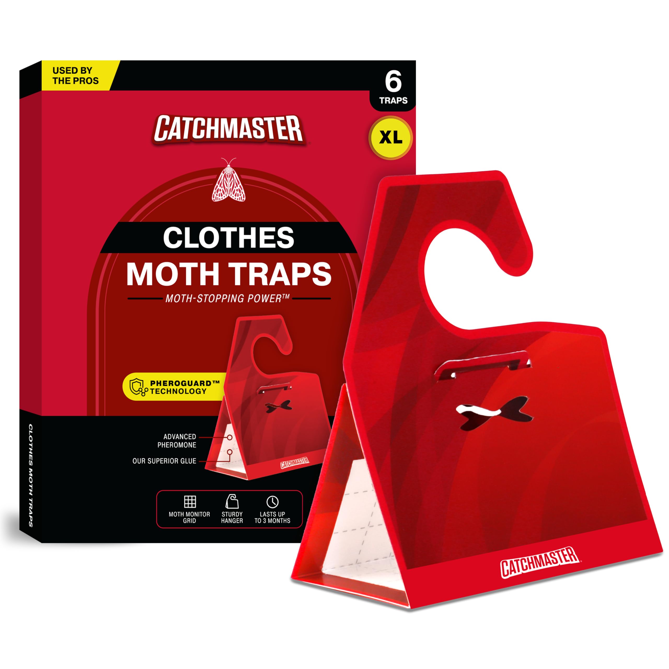 Catchmaster trampa frontal mostrando superficie adhesiva, captura eficaz de polillas