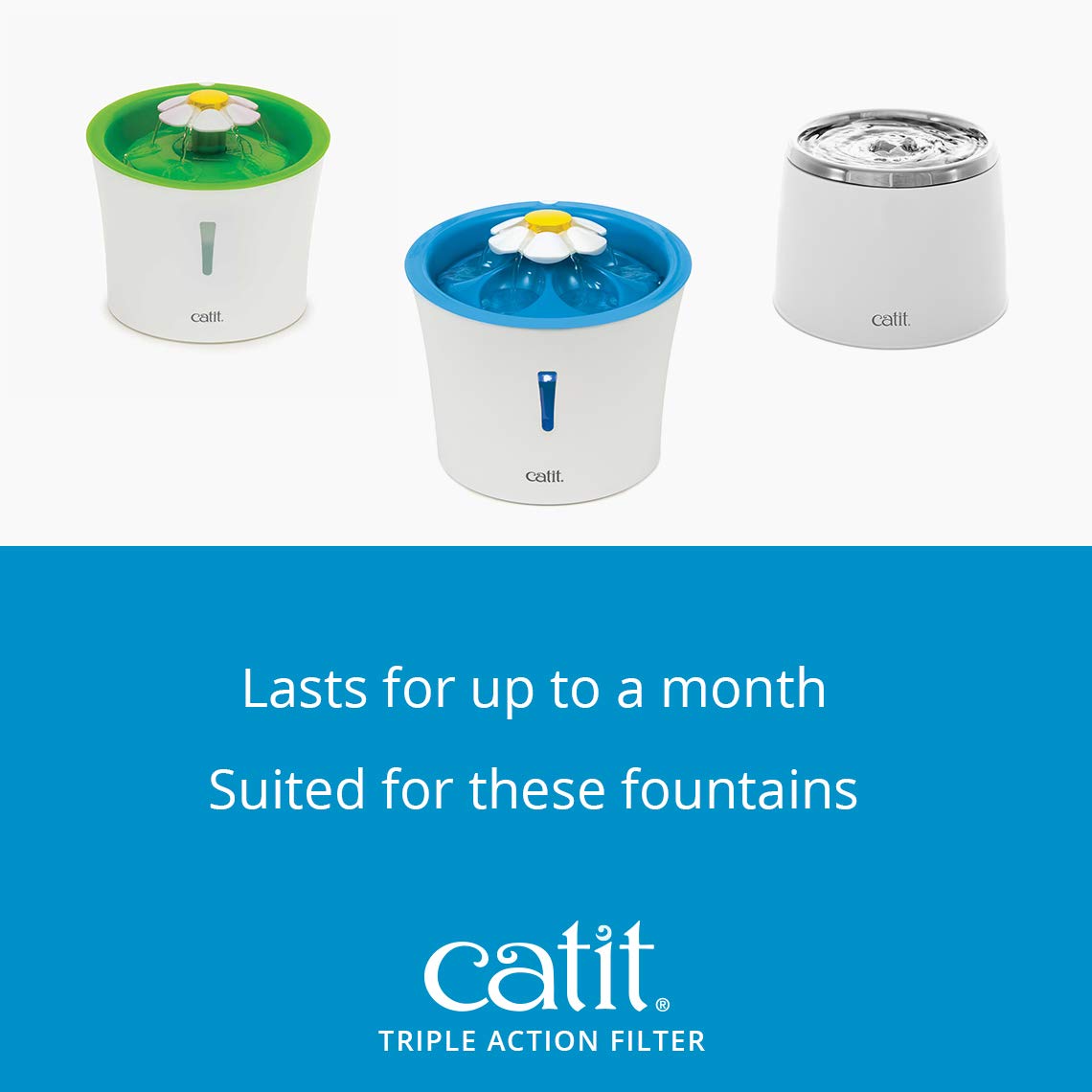 Catit product label close-up displaying compatibility and official replacement assurance