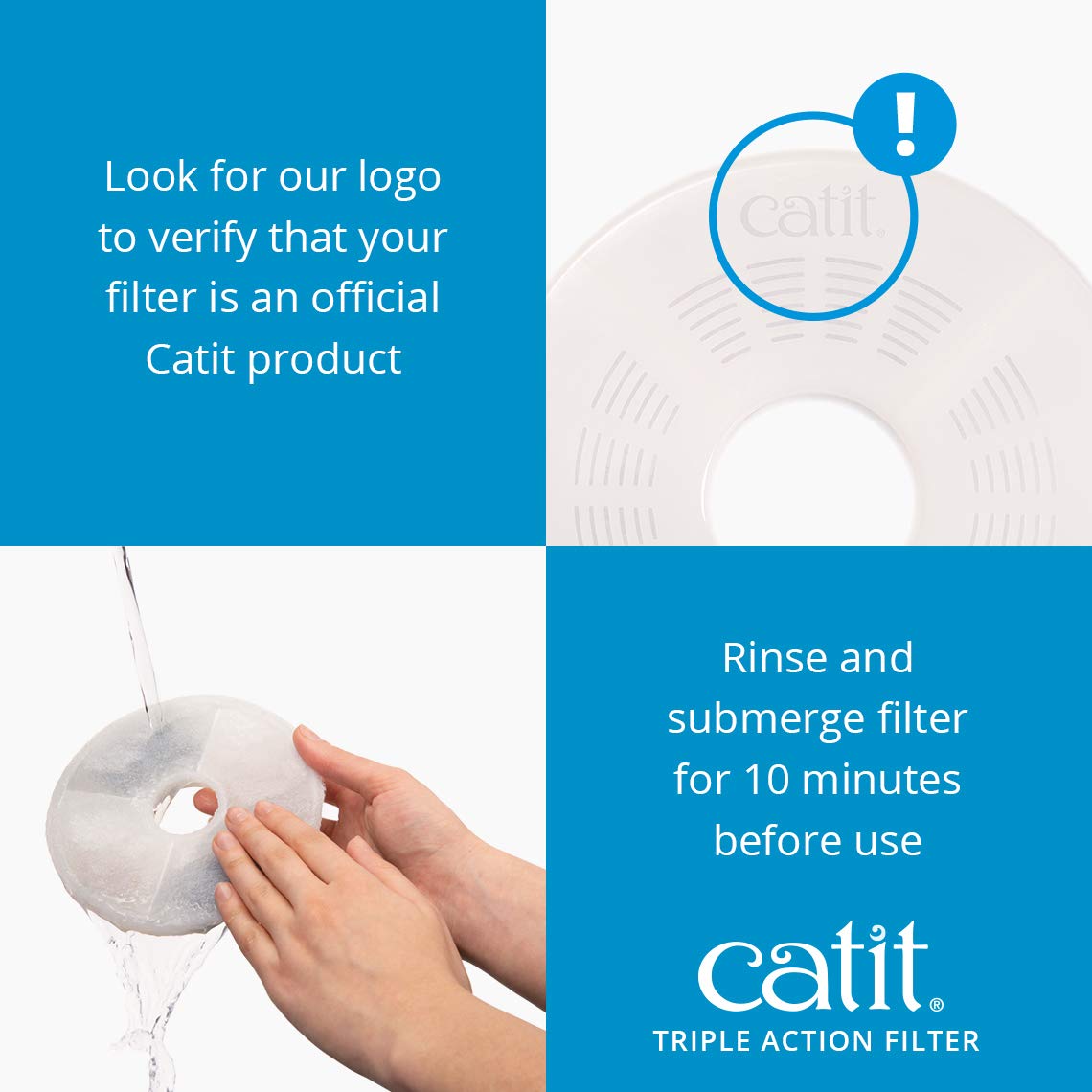 Catit comparison showing old versus new filter to highlight reduced mineral buildup