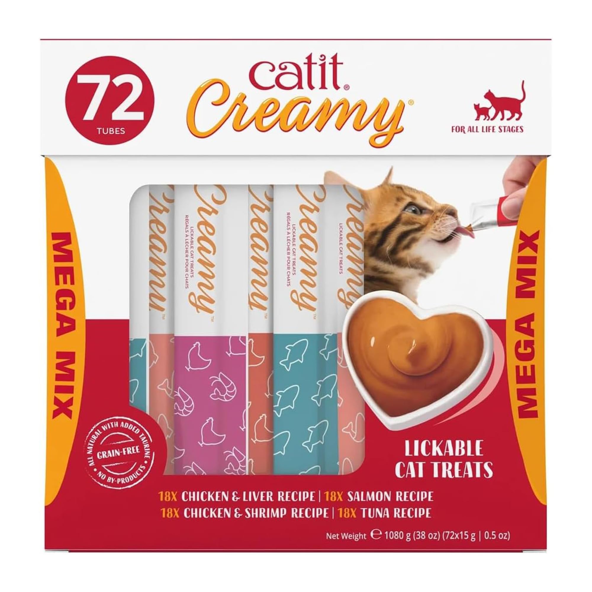 Catit frente del empaque mostrando pack de 72 tubos y ventaja de cantidad