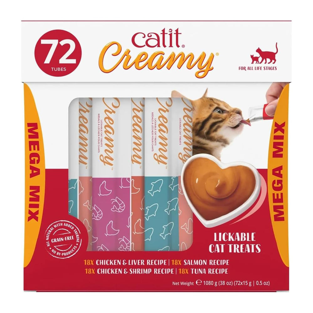 Catit frente del empaque mostrando pack de 72 tubos y ventaja de cantidad